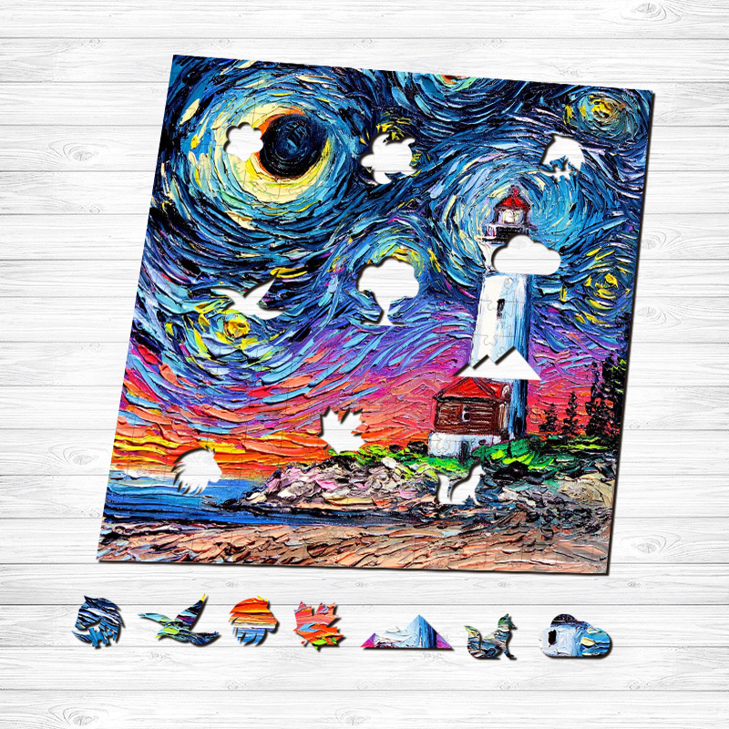 Starry Night Lighthouse Wooden Jigsaw Puzzle - aimpuzzle