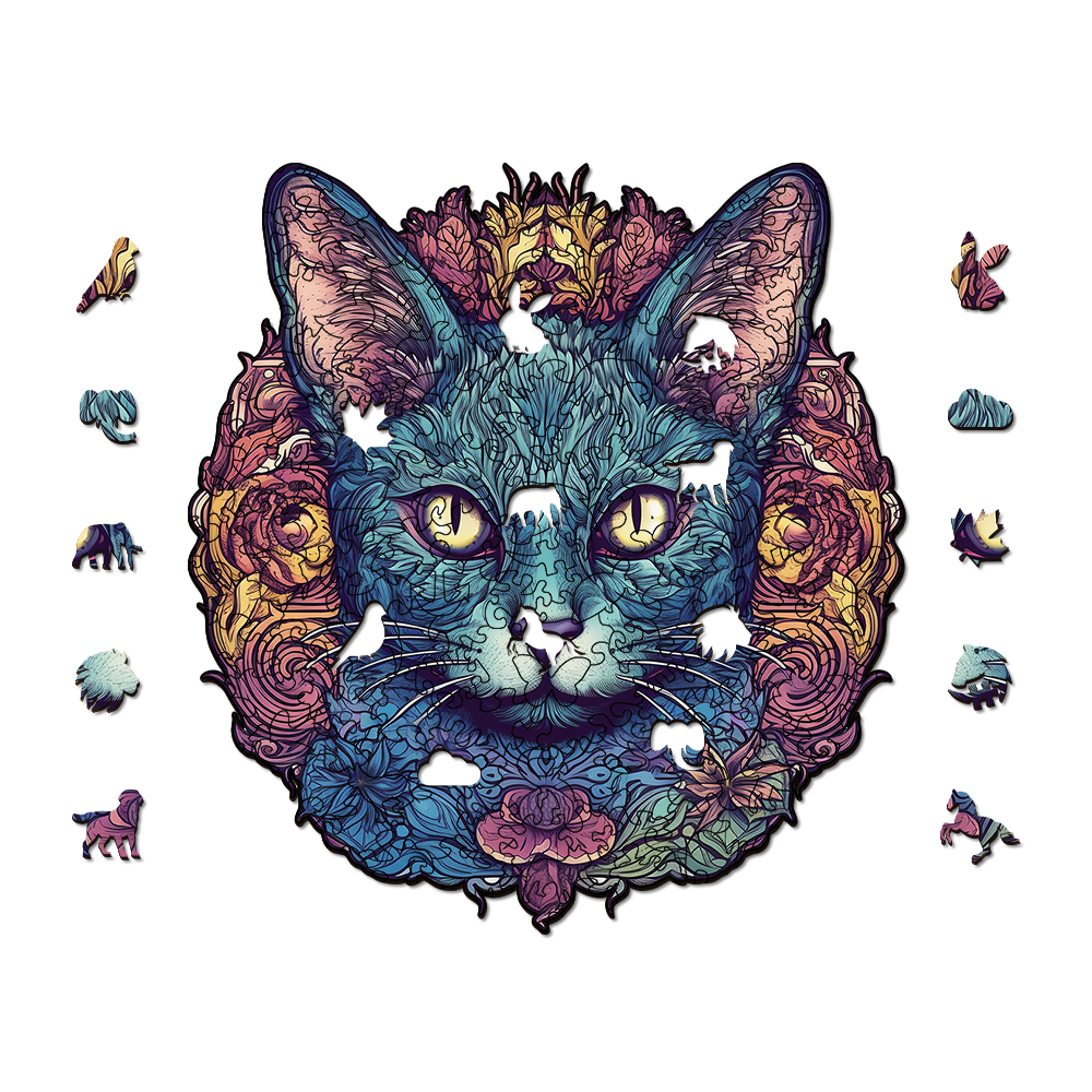 Flower Blue Cat Wooden Jigsaw Puzzle - aimpuzzle
