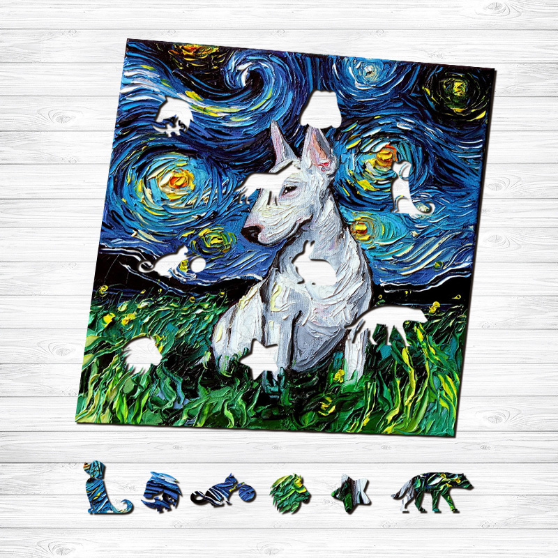 Starry Night Bull Terrier Wooden Jigsaw Puzzle - aimpuzzle