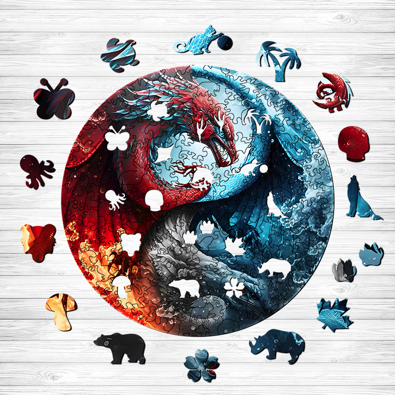 Courageous Red And Blue Dragon Yin yang Wooden Jigsaw Puzzle - aimpuzzle