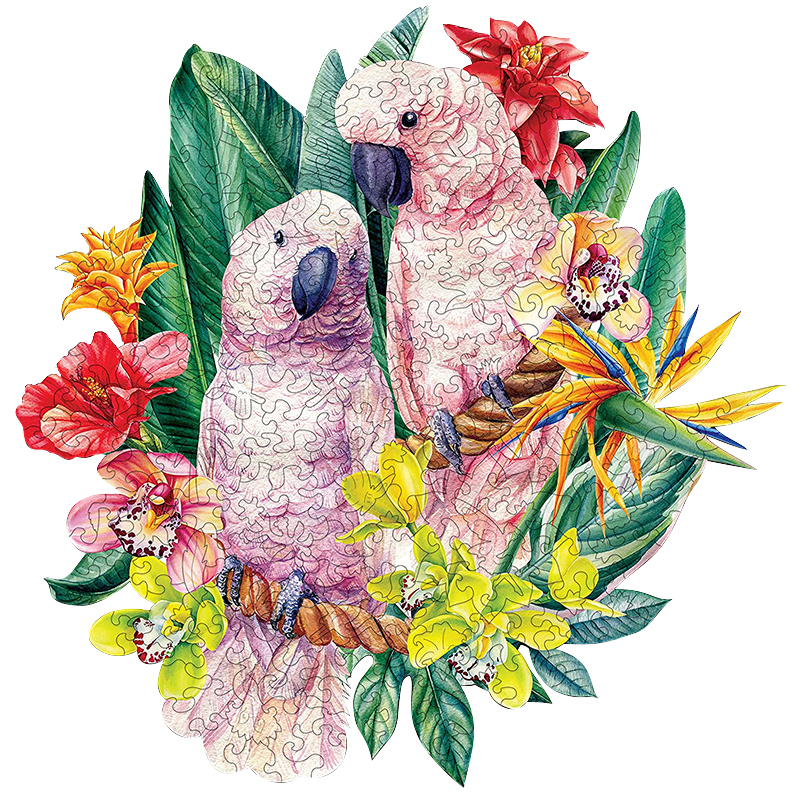 Floral Pink Parrots Wooden Jigsaw Puzzle - aimpuzzle