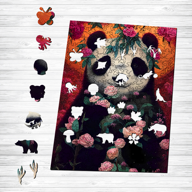 Charming Panda's Blossoming Rose Wooden Jigsaw Puzzle - aimpuzzle